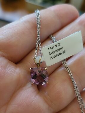 14K Yellow Gold Genuine Amethyst Pendant Necklace - Purple Stone
